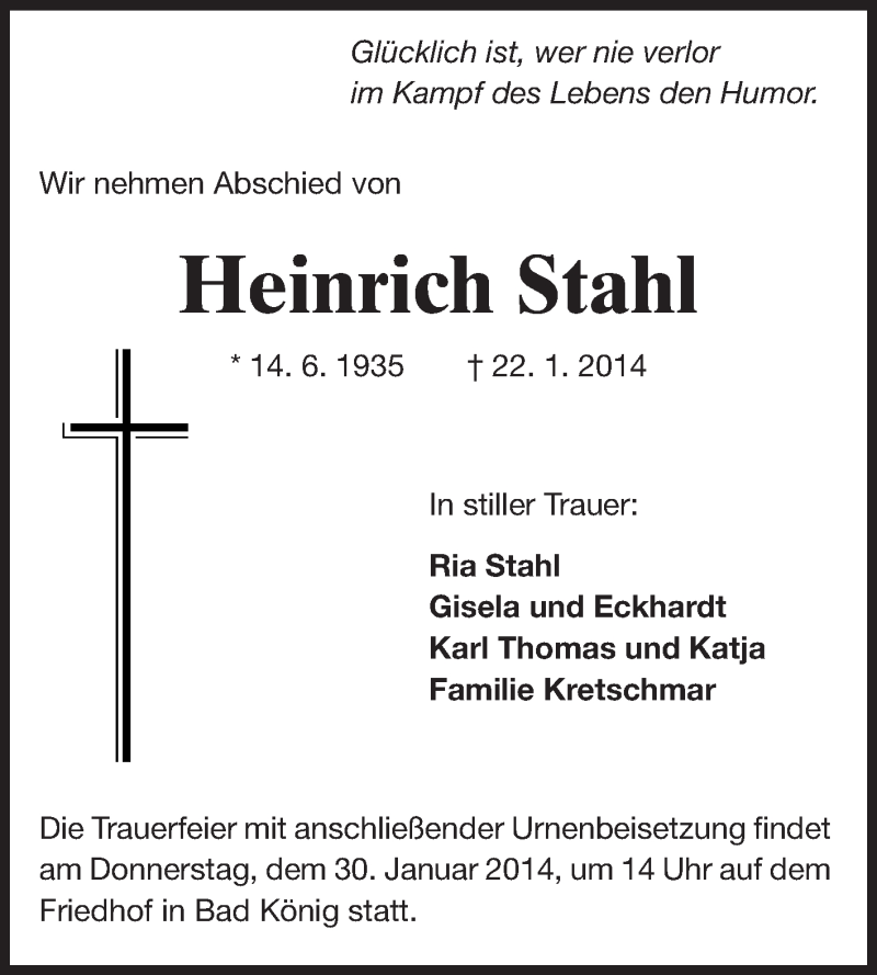  Traueranzeige für Heinrich Stahl vom 28.01.2014 aus Odenwälder Echo
