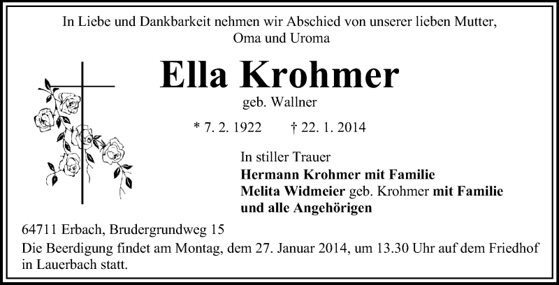  Traueranzeige für Ella Krohmer vom 24.01.2014 aus Odenwälder Echo