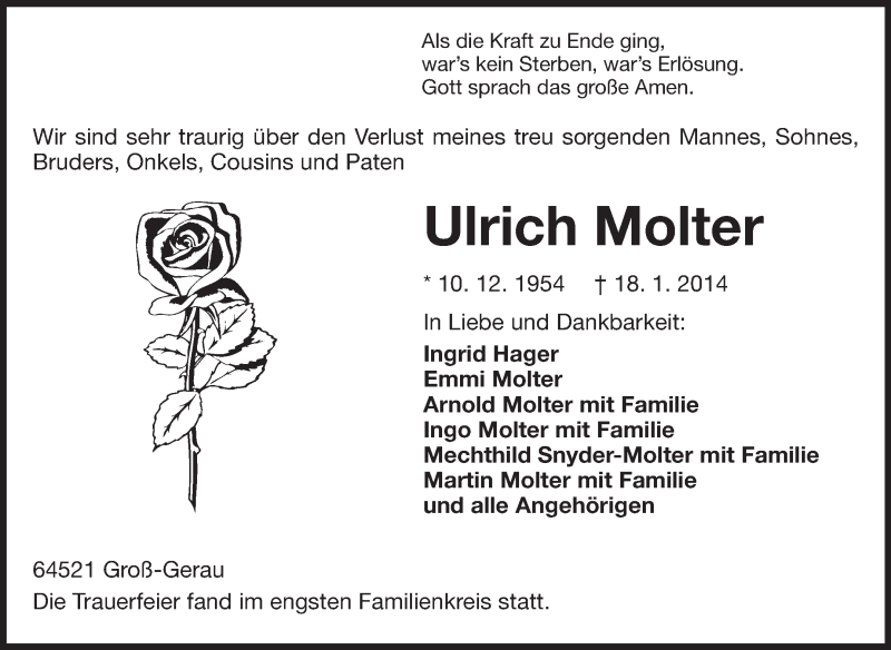  Traueranzeige für Ulrich Molter vom 27.01.2014 aus Rüsselsheimer Echo, Groß-Gerauer-Echo, Ried Echo