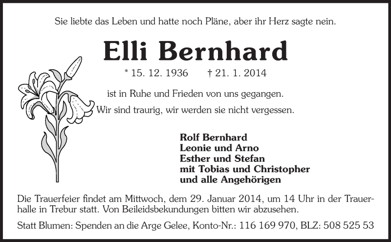  Traueranzeige für Elli Bernhard vom 25.01.2014 aus Rüsselsheimer Echo, Groß-Gerauer-Echo, Ried Echo