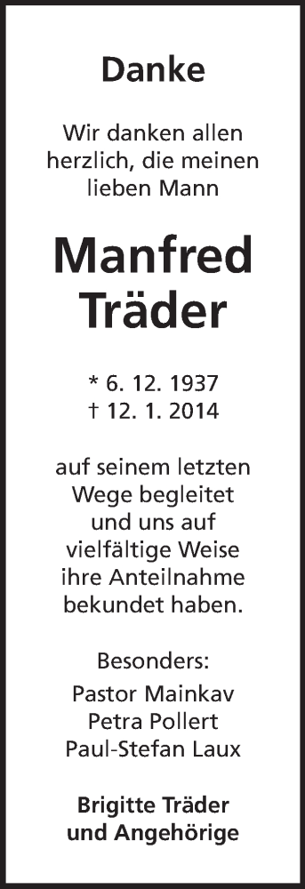  Traueranzeige für Manfred Träder vom 25.01.2014 aus Echo-Zeitungen (Gesamtausgabe)