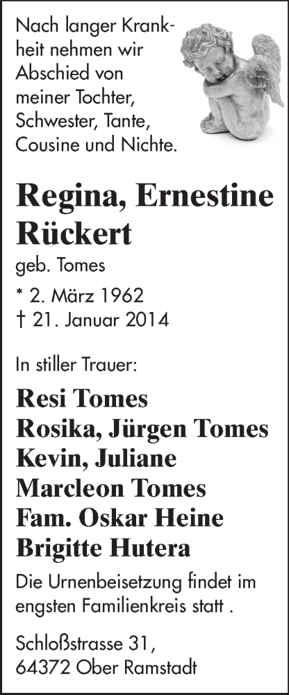  Traueranzeige für Regina Ernestine Rückert vom 25.01.2014 aus Echo-Zeitungen (Gesamtausgabe)