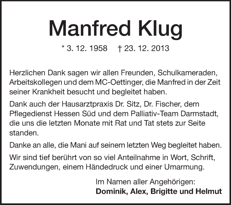  Traueranzeige für Manfred Klug vom 25.01.2014 aus Echo-Zeitungen (Gesamtausgabe)