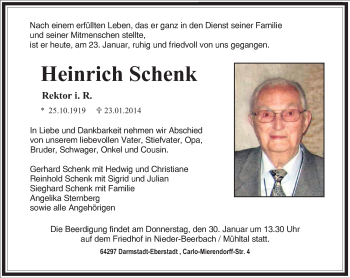 Traueranzeige von Heinrich Schenk von Echo-Zeitungen (Gesamtausgabe)