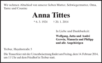 Traueranzeige von Anna Tittes von Rüsselsheimer Echo, Groß-Gerauer-Echo, Ried Echo