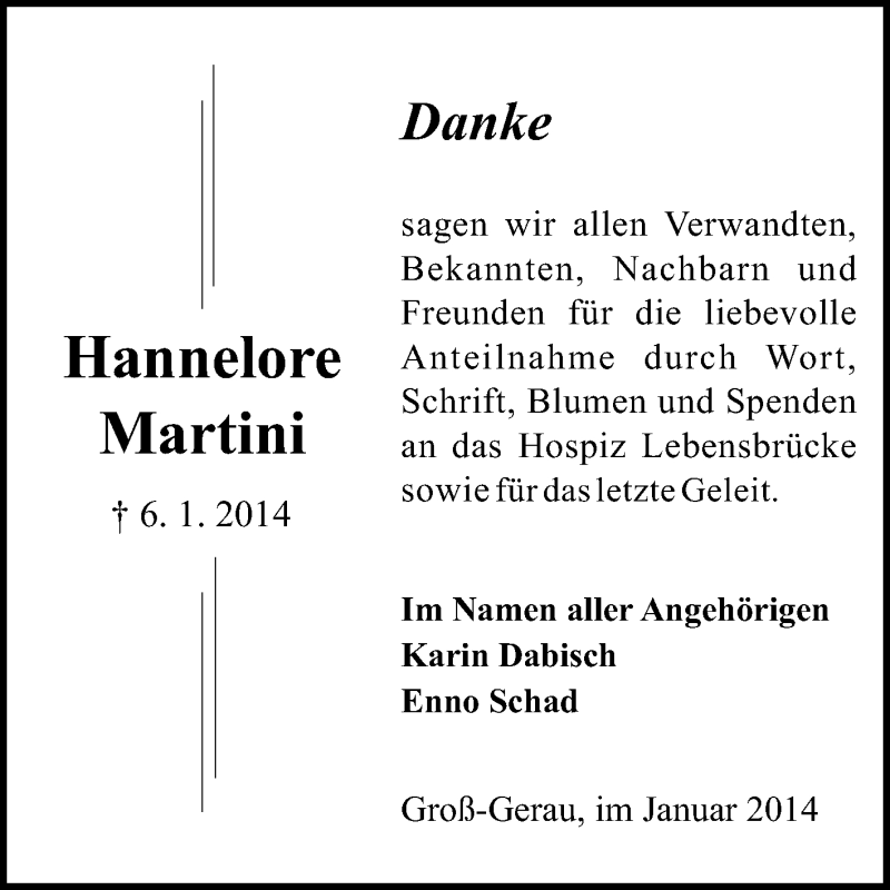  Traueranzeige für Hannelore Martini vom 25.01.2014 aus Rüsselsheimer Echo, Groß-Gerauer-Echo, Ried Echo