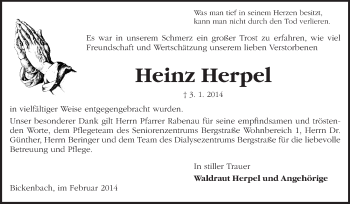 Traueranzeige von Heinz Herpel von Echo-Zeitungen (Gesamtausgabe)