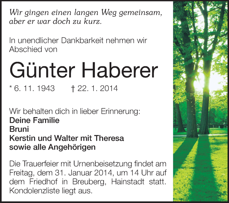  Traueranzeige für Günter Haberer vom 28.01.2014 aus Odenwälder Echo