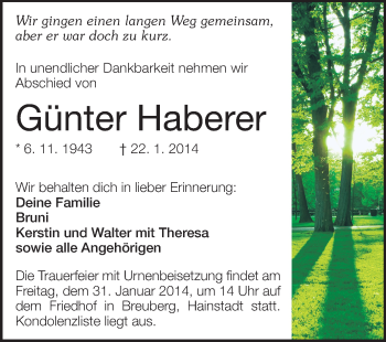 Traueranzeige von Günter Haberer von Odenwälder Echo