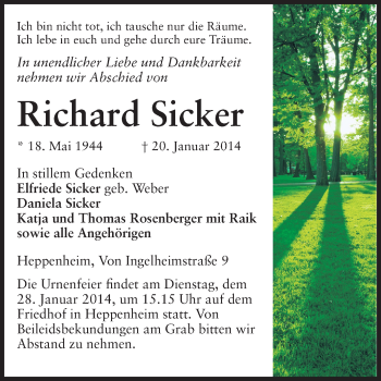Traueranzeige von Richard Sicker von Starkenburger Echo