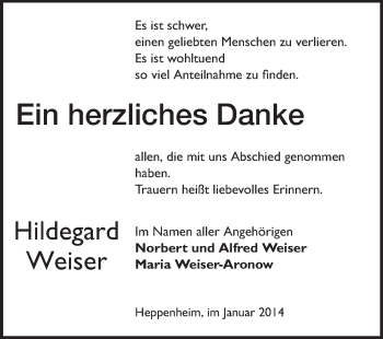 Traueranzeige von Hildegard Weiser von Starkenburger Echo, Bergsträßer Anzeiger