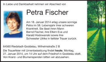Traueranzeige von Petra Fischer von Echo-Zeitungen (Gesamtausgabe)