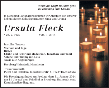 Traueranzeige von Ursula Fleck von Odenwälder Echo