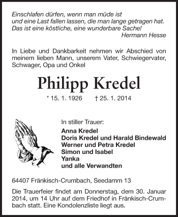 Traueranzeige von Philipp Kredel von Odenwälder Echo