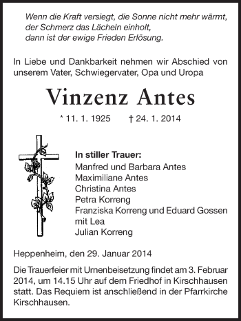 Traueranzeige von Vinzenz Antes von Starkenburger Echo