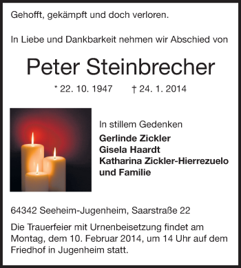 Traueranzeige von Peter Steinbrecher von Echo-Zeitungen (Gesamtausgabe)