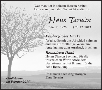 Traueranzeige von Hans Termin von Rüsselsheimer Echo, Groß-Gerauer-Echo, Ried Echo