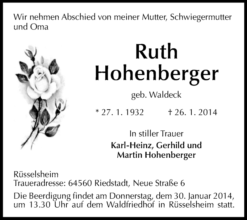  Traueranzeige für Ruth Hohenberger vom 28.01.2014 aus Rüsselsheimer Echo, Groß-Gerauer-Echo, Ried Echo