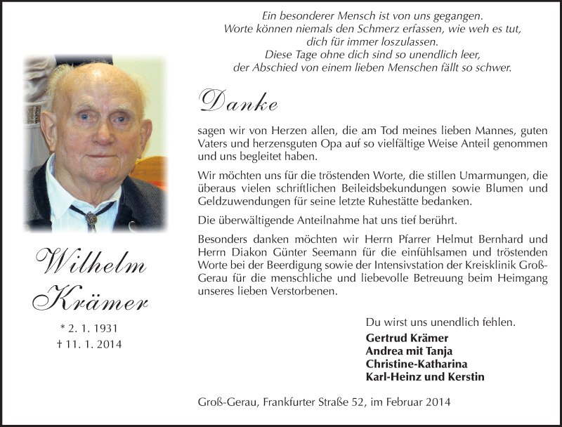 Traueranzeige für Wilhelm Krämer vom 01.02.2014 aus Rüsselsheimer Echo, Groß-Gerauer-Echo, Ried Echo