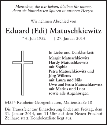 Traueranzeige von Eduard Matuschkiewitz von Echo-Zeitungen (Gesamtausgabe)