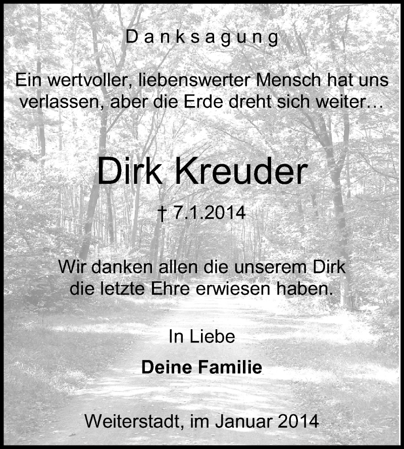  Traueranzeige für Dirk Kreuder vom 29.01.2014 aus Echo-Zeitungen (Gesamtausgabe)
