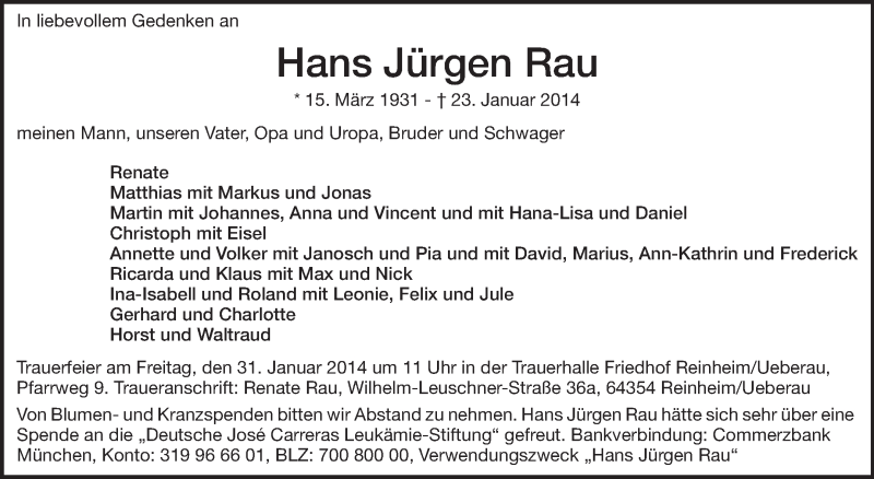  Traueranzeige für Hans Jürgen Rau vom 29.01.2014 aus Echo-Zeitungen (Gesamtausgabe)