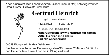 Traueranzeige von Gertrud Heinrich von Echo-Zeitungen (Gesamtausgabe)