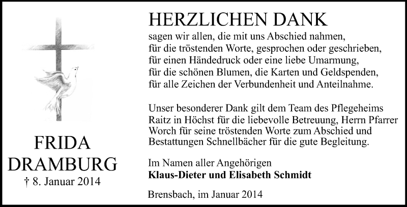  Traueranzeige für Frida Dramburg vom 01.02.2014 aus Odenwälder Echo