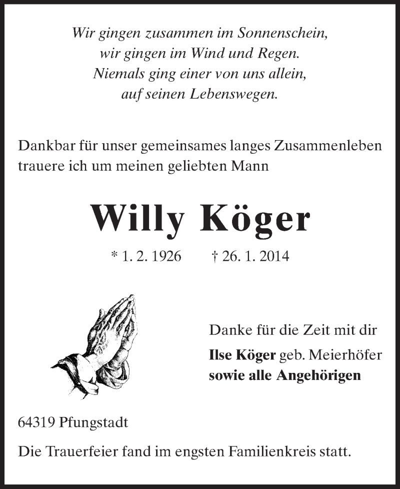  Traueranzeige für Willy Köger vom 01.02.2014 aus Echo-Zeitungen (Gesamtausgabe)