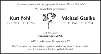 Traueranzeige von Kurt Pohl von Rüsselsheimer Echo, Groß-Gerauer-Echo, Ried Echo