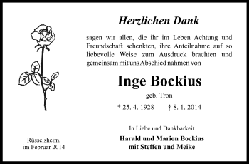 Traueranzeige von Inge Bockius von Rüsselsheimer Echo, Groß-Gerauer-Echo, Ried Echo