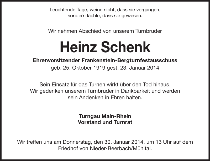  Traueranzeige für Heinz Schenk vom 29.01.2014 aus Echo-Zeitungen (Gesamtausgabe)