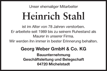 Traueranzeige von Heinrich Stahl von Odenwälder Echo