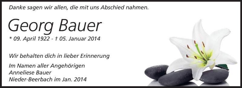  Traueranzeige für Georg Bauer vom 01.02.2014 aus Echo-Zeitungen (Gesamtausgabe)
