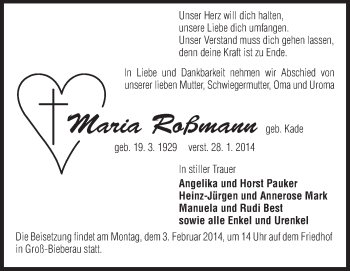 Traueranzeige von Maria Roßmann von Echo-Zeitungen (Gesamtausgabe)