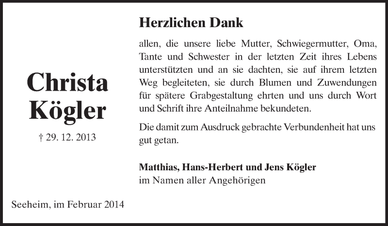  Traueranzeige für Christa Kögler vom 01.02.2014 aus Echo-Zeitungen (Gesamtausgabe)