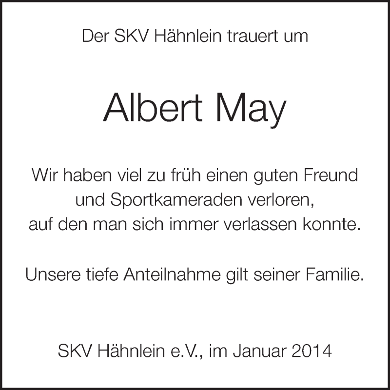  Traueranzeige für Albert May vom 30.01.2014 aus Echo-Zeitungen (Gesamtausgabe)