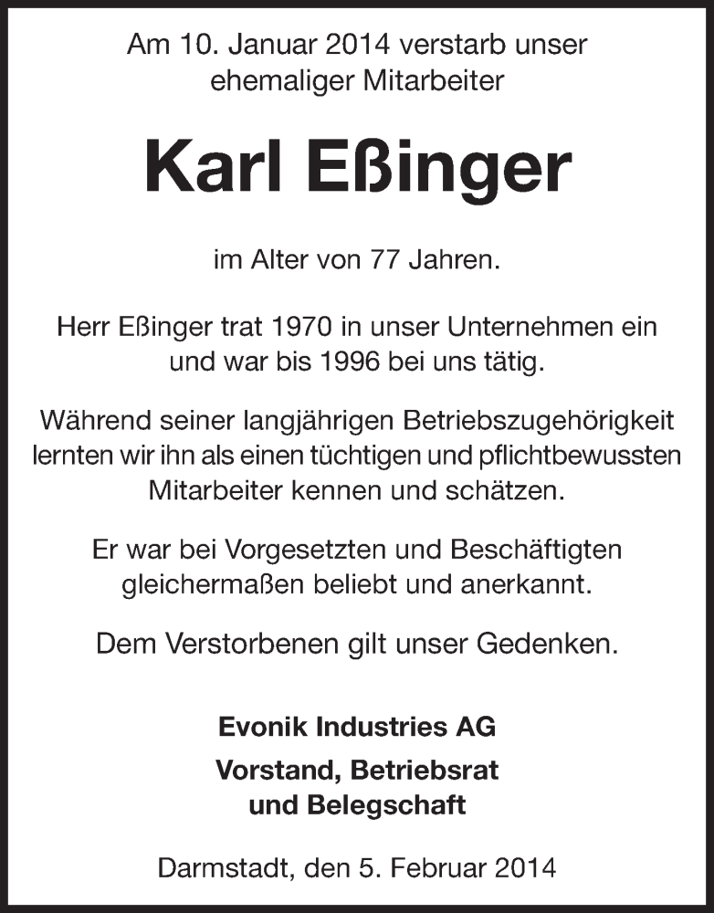  Traueranzeige für Karl Eßinger vom 05.02.2014 aus Echo-Zeitungen (Gesamtausgabe)