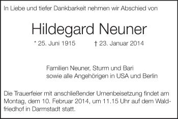 Traueranzeige von Hildegard Neuner von Darmstädter Echo, Odenwälder Echo, Rüsselsheimer Echo, Groß-Gerauer-Echo, Ried Echo