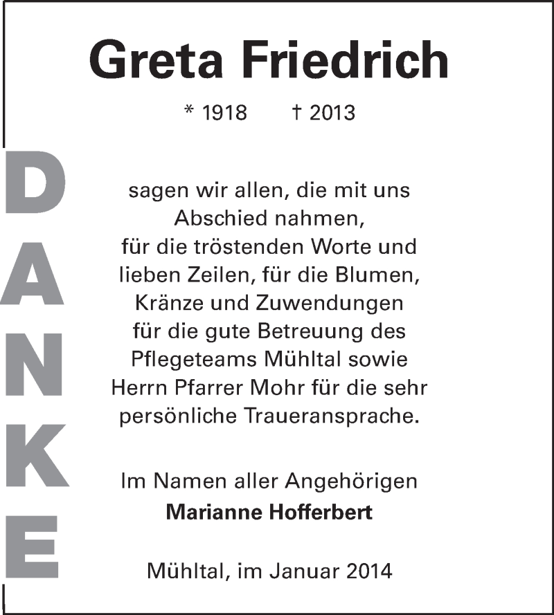  Traueranzeige für Greta Friedrich vom 01.02.2014 aus Echo-Zeitungen (Gesamtausgabe)