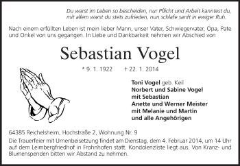 Traueranzeige von Sebastian Vogel von Odenwälder Echo