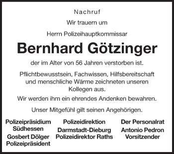 Traueranzeige von Bernhard Götzinger von Echo-Zeitungen (Gesamtausgabe)
