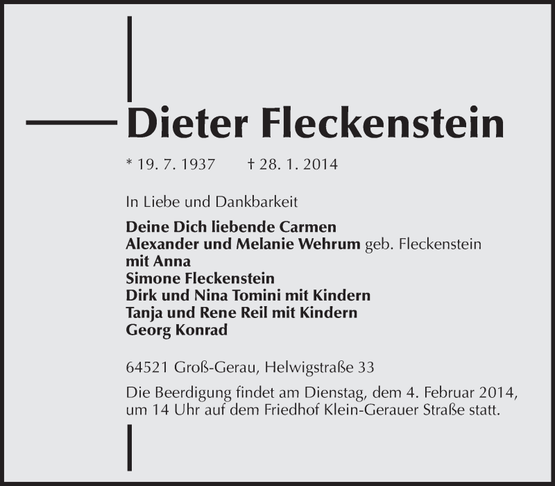  Traueranzeige für Dieter Fleckenstein vom 01.02.2014 aus Echo-Zeitungen (Gesamtausgabe)