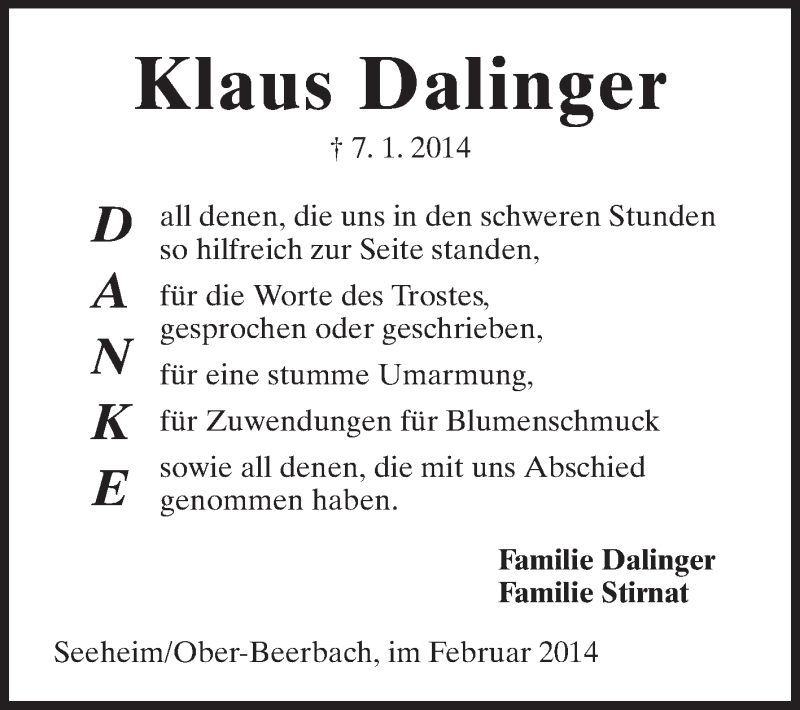  Traueranzeige für Klaus Dalinger vom 01.02.2014 aus Echo-Zeitungen (Gesamtausgabe)