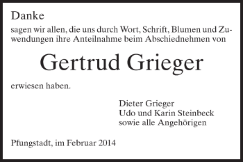 Traueranzeige von Gertrud Grieger von Echo-Zeitungen (Gesamtausgabe)