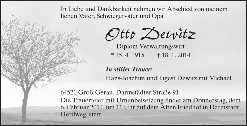  Traueranzeige für Otto Dewitz vom 01.02.2014 aus Rüsselsheimer Echo, Groß-Gerauer-Echo, Ried Echo