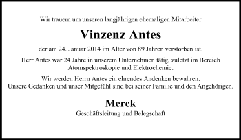 Traueranzeige von Vinzenz Antes von Echo-Zeitungen (Gesamtausgabe)