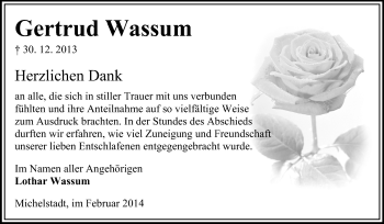 Traueranzeige von Gertrud Wassum von Odenwälder Echo
