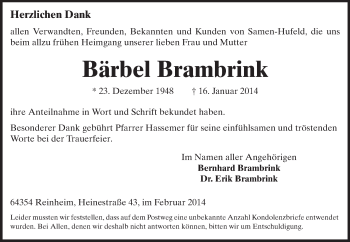 Traueranzeige von Bärbel Brambrink von Echo-Zeitungen (Gesamtausgabe)