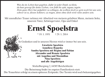 Traueranzeige von Ernst Spoelstra von Echo-Zeitungen (Gesamtausgabe)